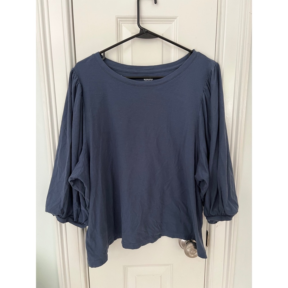 Sonoma Goods For Life Womens XL Blue Cotton Puff Sleeve Crew Neck T-Shirt Top